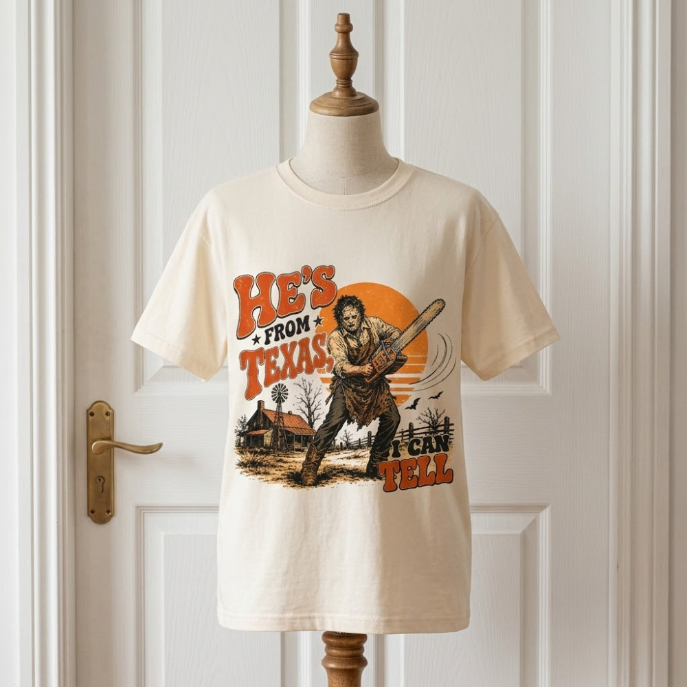 He's From Texas I Can Tell Chainsaw Black Horror Graphic T-Shirt
